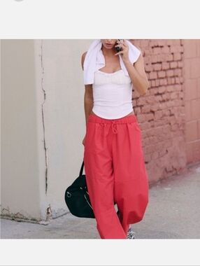 Free People Movement Orange Pants Cinch Hem Nylon Joggers Baggie Wide Leg Med